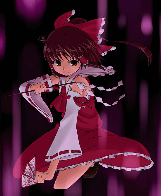 kannari, hakurei reimu, perfect cherry blossom, touhou, 1girl, bare shoulders, brown eyes, brown hair, collar, cowboy shot, detached sleeves, dress, dual wielding, female focus, gohei, hair tubes, holding, long sleeves, looking at viewer, ofuda, red dress, ribbon-trimmed sleeves, ribbon trim, sidelocks, solo, standing