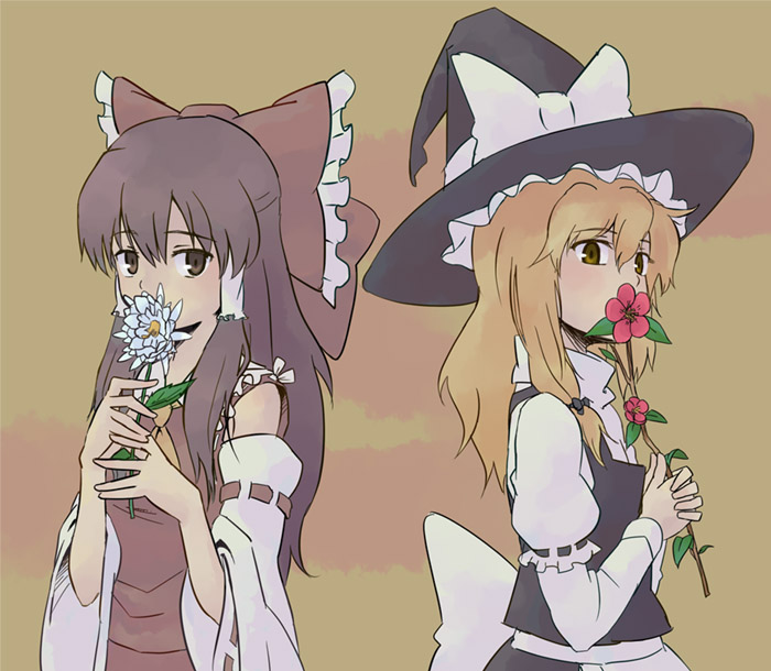 kannari, hakurei reimu, kirisame marisa, touhou, flower request, 2girls, ascot, bare shoulders, blonde hair, bow, brown hair, covering own mouth, detached sleeves, expressionless, female focus, flower, hat, hat bow, holding, holding flower, long hair, long sleeves, multiple girls, puffy long sleeves, puffy sleeves, red bow, ribbon-trimmed sleeves, ribbon trim, sidelocks, smelling, turtleneck, upper body, vest, white bow, witch hat