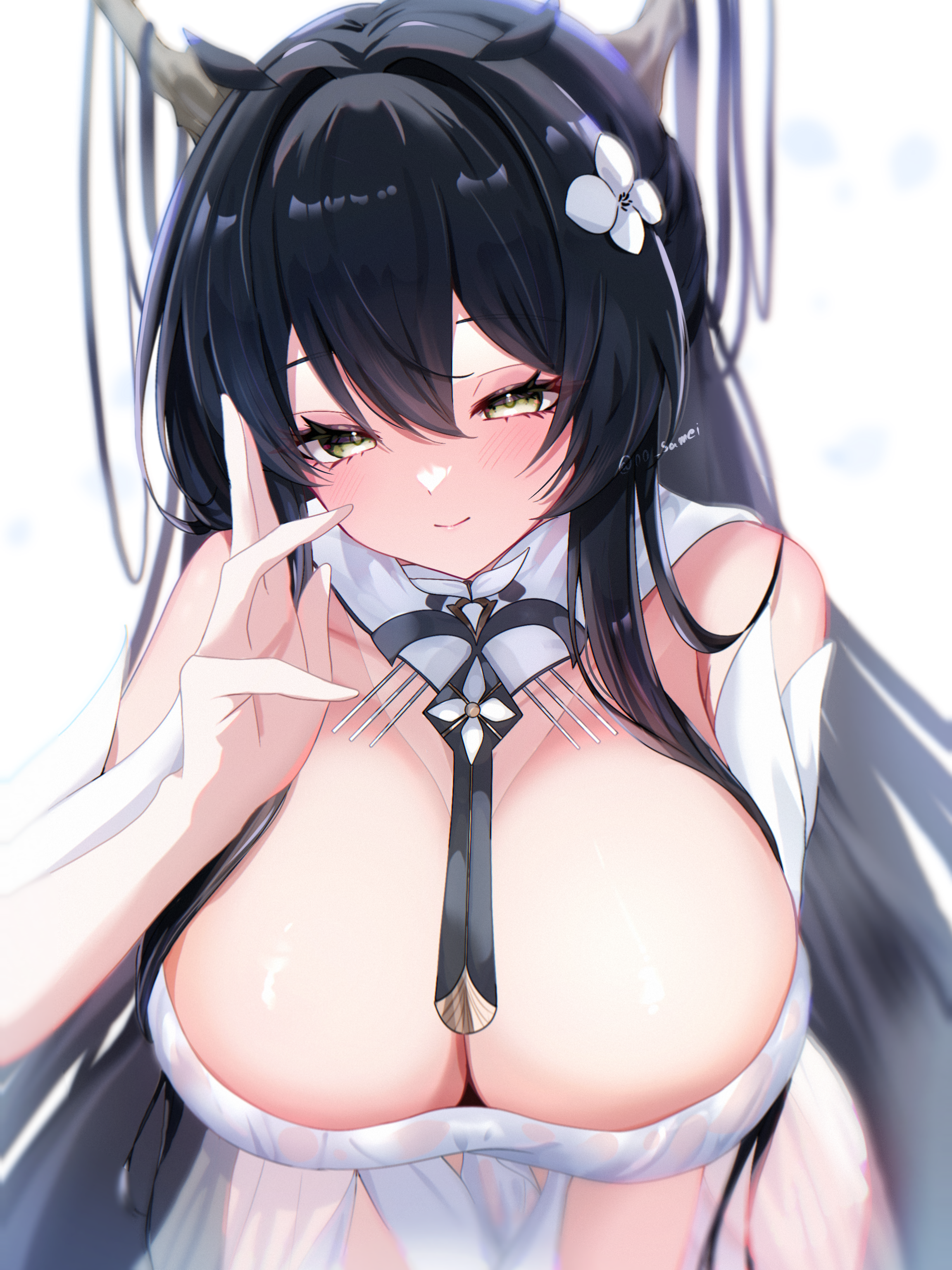 indomitable (azur lane), azur lane, absurdres, commentary request, highres, 00 samei, 1girl, bare shoulders, black hair, blush, breasts, cleavage, detached collar, dress, flower, grey eyes, hair flower, hair on horn, hair ornament, huge breasts, leaning forward, simple background, solo, white background, white dress, white flower