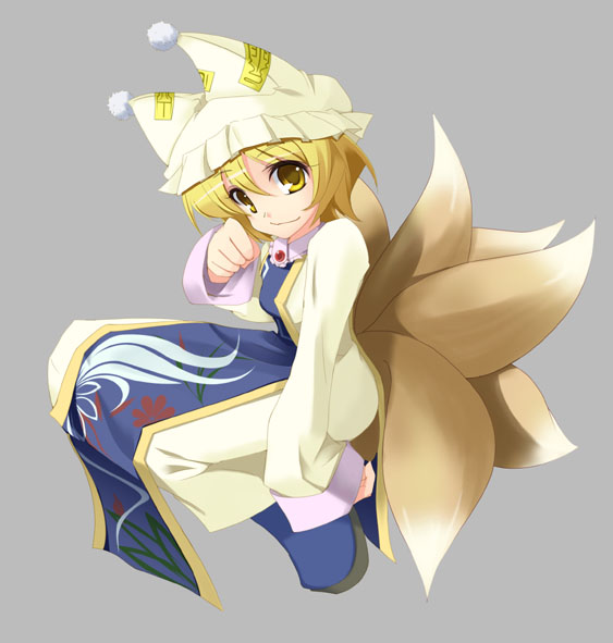 wapokichi, yakumo ran, touhou, 1girl, animal hat, blonde hair, dress, female focus, fox tail, grey background, hat, long sleeves, looking at viewer, mob cap, multiple tails, ofuda, short hair, simple background, sitting, solo, tabard, tail, white dress, wide sleeves, yellow eyes