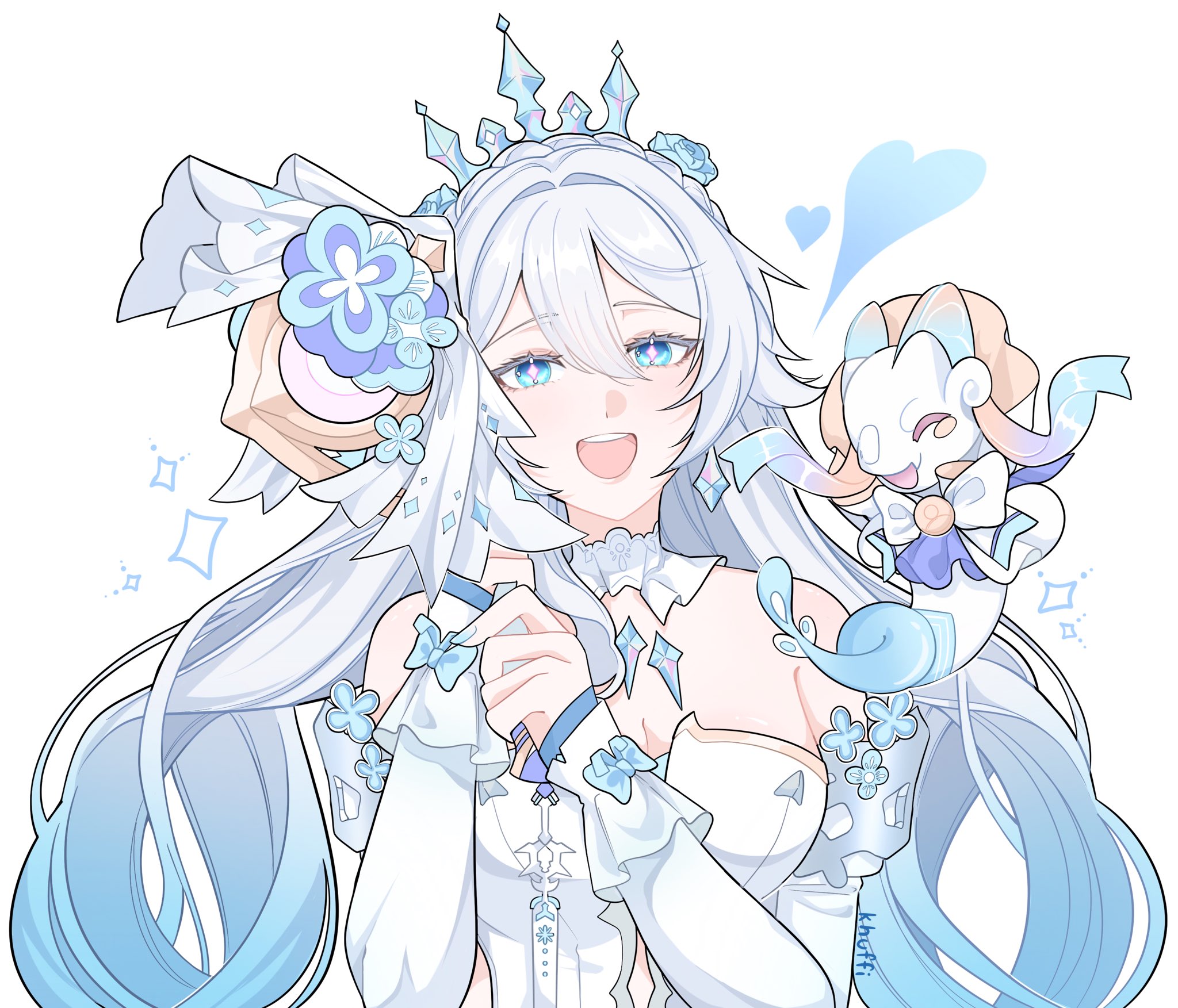 khuffi, kiana kaslana, kiana kaslana (ba-dum! fiery wishing star), honkai (series), honkai impact 3rd, commentary, highres, 1girl, bare shoulders, blue eyes, blue hair, breasts, cleavage, detached collar, detached sleeves, dress, gradient hair, hair intakes, long hair, long sleeves, multicolored hair, pink pupils, solo, tiara, upper body, very long hair, white dress, white hair