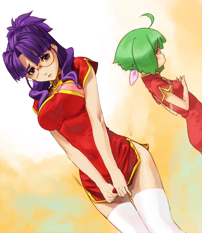 shimotsuki eight, matsuura nanase, ranka lee, macross, macross frontier, bad id, bad pixiv id, 00s, 2girls, ahoge, breast envy, breasts, china dress, chinese clothes, dress, dress tug, embarrassed, flat chest, glasses, green hair, large breasts, lips, long hair, multiple girls, no panties, purple eyes, purple hair, short hair, thighhighs, white thighhighs, zettai ryouiki