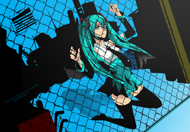 kai (pixiv93444), hatsune miku, vocaloid, bad id, bad pixiv id, 1girl, chain-link fence, detached sleeves, female focus, fence, green hair, solo, thighhighs, twintails, zettai ryouiki
