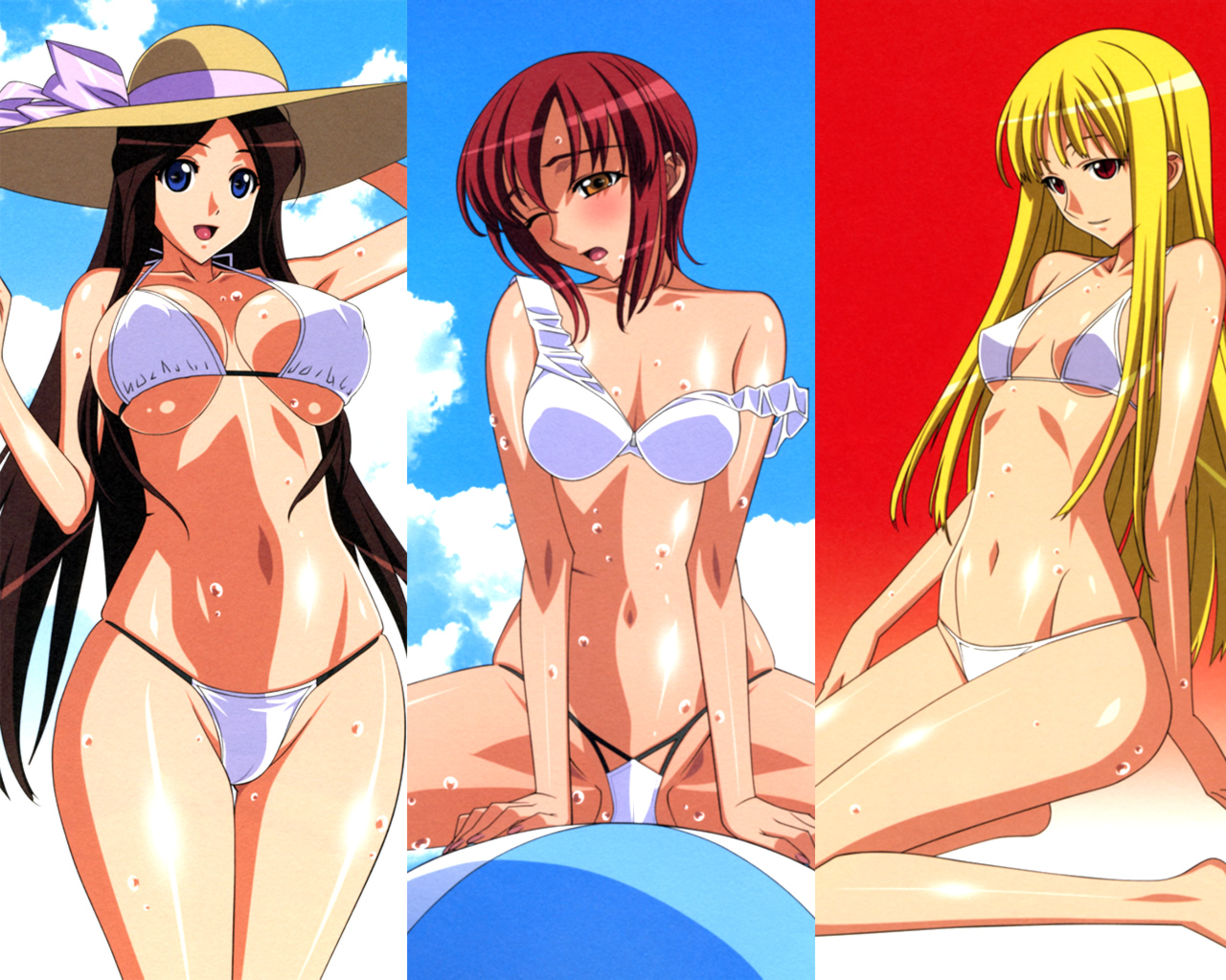 kuroda kazuya, hime (kaibutsu oujo), hiyorimi sawawa, riza wildman, kaibutsu oujo, 00s, 3girls, ball, bikini, blonde hair, breasts, brown hair, curvy, hat, hip focus, huge breasts, kneeling, long hair, multiple girls, red hair, short hair, standing, swimsuit, underboob, wide hips