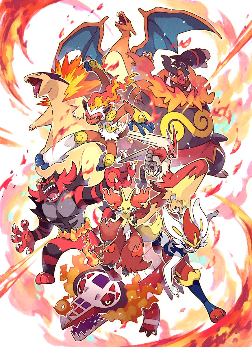 kuromagnon, blaziken, charizard, delphox, infernape, scorbunny, typhlosion, nintendo, pokemon, character request, highres, bird, breath weapon, breathing fire, chicken, crocodile, crocodilian, dragon, fire, fox, gen 1 pokemon, gen 2 pokemon, gen 3 pokemon, gen 4 pokemon, gen 6 pokemon, gen 8 pokemon, group picture, monkey, pig, pokemon (creature), rabbit, simple background, tiger, trait connection, white background