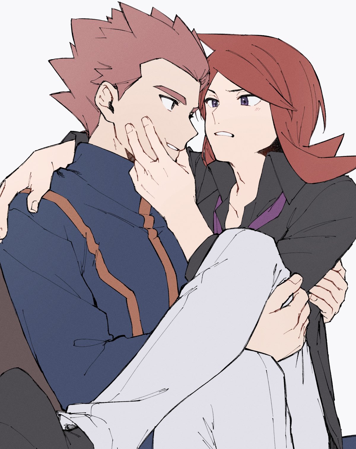 mocollie, lance (pokemon), silver (pokemon), silver (sygna suit) (pokemon), nintendo, pokemon, pokemon hgss, pokemon masters ex, commentary request, highres, 2boys, carrying, collared shirt, hand on another's face, jacket, looking at another, male focus, multiple boys, necktie, official alternate costume, pants, purple necktie, red hair, shirt, shoes, short hair, simple background, teeth, white background