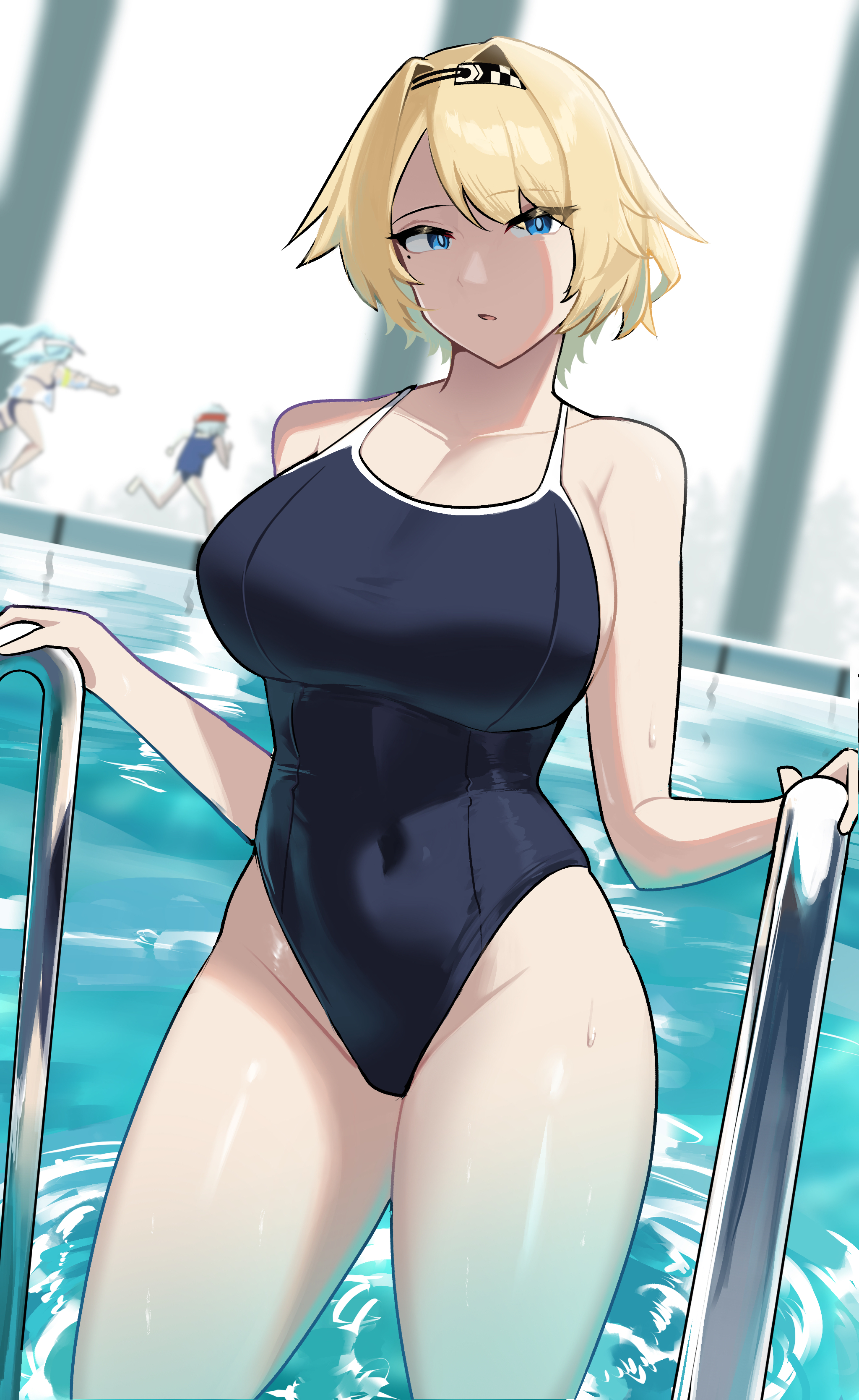 tofudofu, g11 (girls' frontline), hk416 (girls' frontline), klukai (cerulean breaker) (girls' frontline 2), klukai (girls' frontline 2), mechty (girls' frontline 2), nikketa (girls' frontline 2), vsk-94 (girls' frontline), girls' frontline, girls' frontline 2: exilium, absurdres, commentary, english commentary, highres, 3girls, alternate costume, bandana, bare shoulders, bikini, black bikini, black one-piece swimsuit, blonde hair, blue eyes, blue hair, breasts, collarbone, covered navel, grey hair, hair intakes, large breasts, long hair, looking at viewer, mole, mole under eye, multiple girls, official alternate costume, one-piece swimsuit, open mouth, partially submerged, pool, red bandana, running, school swimsuit, short hair, solo focus, swimsuit, wet