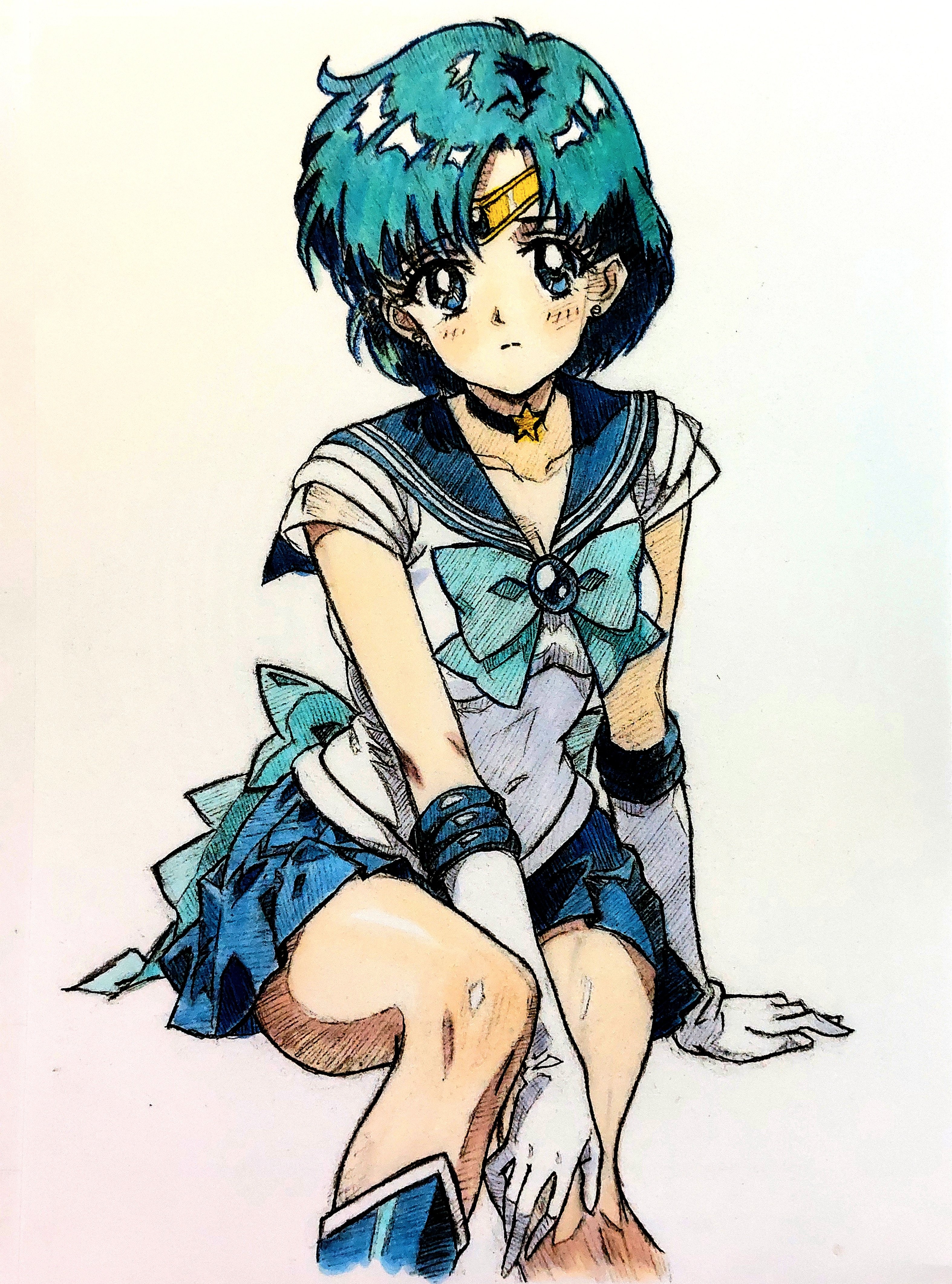 i4teruz, mizuno ami, sailor mercury, super sailor mercury, bishoujo senshi sailor moon, absurdres, commentary request, highres, traditional media, 1girl, blue boots, blue eyes, blue hair, blue sailor collar, blue skirt, boots, bow, bowtie, brooch, choker, collarbone, earrings, jewelry, looking at viewer, miniskirt, parted bangs, pleated skirt, sailor collar, short hair, simple background, sitting, skirt, solo, star (symbol), star choker, stud earrings, white background