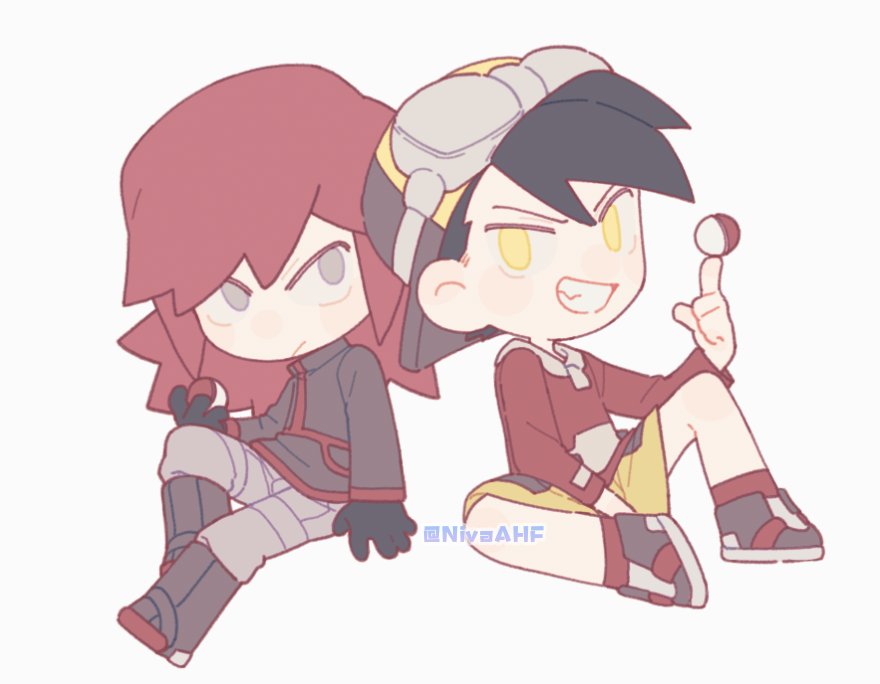 jiugong chi, ethan (pokemon), silver (pokemon), nintendo, pokemon, pokemon adventures, commentary, symbol-only commentary, 2boys, black gloves, boots, chibi, chibi only, closed mouth, gloves, goggles, goggles on headwear, grey eyes, grey pants, jacket, long hair, male focus, multiple boys, no pupils, pants, poke ball, poke ball (basic), red hair, red jacket, shoes, shorts, sitting, socks, twitter username, yellow shorts