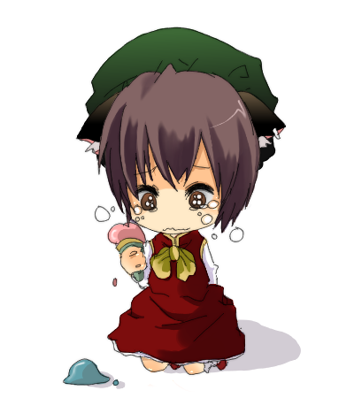 risa 3274, chen, touhou, bad id, bad pixiv id, lowres, 1girl, animal ears, cat ears, cat girl, chibi, crying, crying with eyes open, female focus, food, ice cream, ribbon, solo, tears