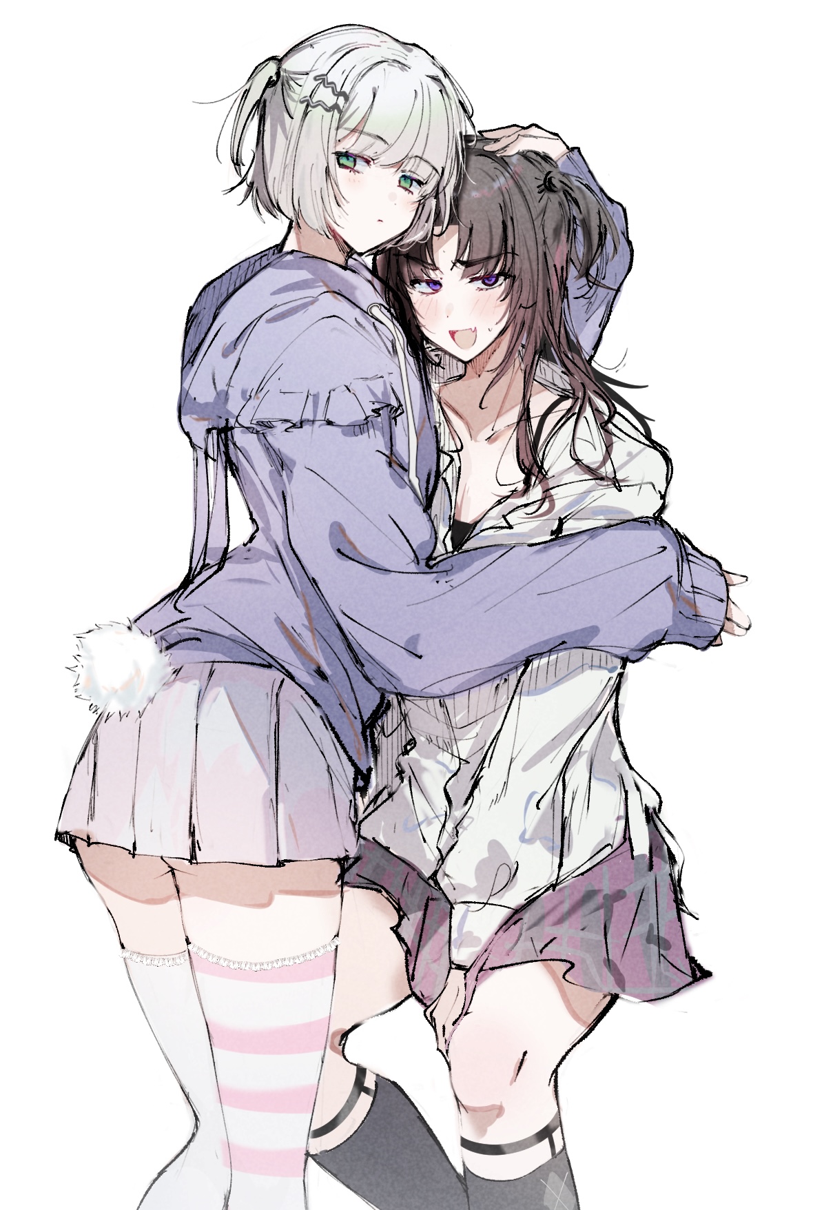 imamiya pinoko, original, highres, 2boys, ass, asymmetrical legwear, ayase ayato (imamiya pinoko), black hair, bob cut, crossdressing, crossdressing (mtf), fang, green eyes, hirakawa mahiru (imamiya pinoko), hug, kneehighs, long hair, multiple boys, purple eyes, sitting, skin fang, socks, striped clothes, striped thighhighs, thighhighs, trap, two side up, white background, white hair