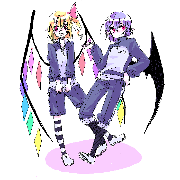 tadano kagekichi, flandre scarlet, remilia scarlet, touhou, 2girls, alternate costume, blonde hair, blue hair, clothes writing, contemporary, female focus, gym uniform, jaggy lines, multiple girls, oekaki, red eyes, siblings, sisters, sportswear, wings