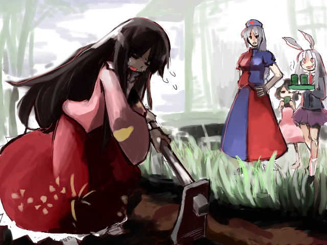 luft (luft dokka), houraisan kaguya, inaba tewi, reisen udongein inaba, yagokoro eirin, touhou, silver hair, 4girls, = =, animal ears, black hair, blouse, blunt bangs, cup, dress, female focus, full body, garden, grass, hat, holding, long hair, multiple girls, nurse cap, outdoors, pink dress, plant, puffy short sleeves, puffy sleeves, rabbit ears, red skirt, shaded face, shirt, short sleeves, skirt, spade, standing, steam, tears, tray, very long hair