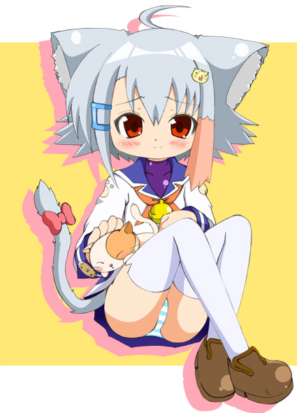 matsubara ryuu, original, silver hair, 1girl, ahoge, animal, animal ears, animal on lap, bell, blush, cat, cat ears, cat hair ornament, cat tail, cathead, crossed legs, female focus, hair ornament, hairclip, multicolored hair, on lap, panties, pantyshot, red eyes, ribbon, school uniform, serafuku, sitting, sitting on lap, sitting on person, solo, striped clothes, striped panties, tail, tail ornament, tail ribbon, thighhighs, two-tone hair, underwear