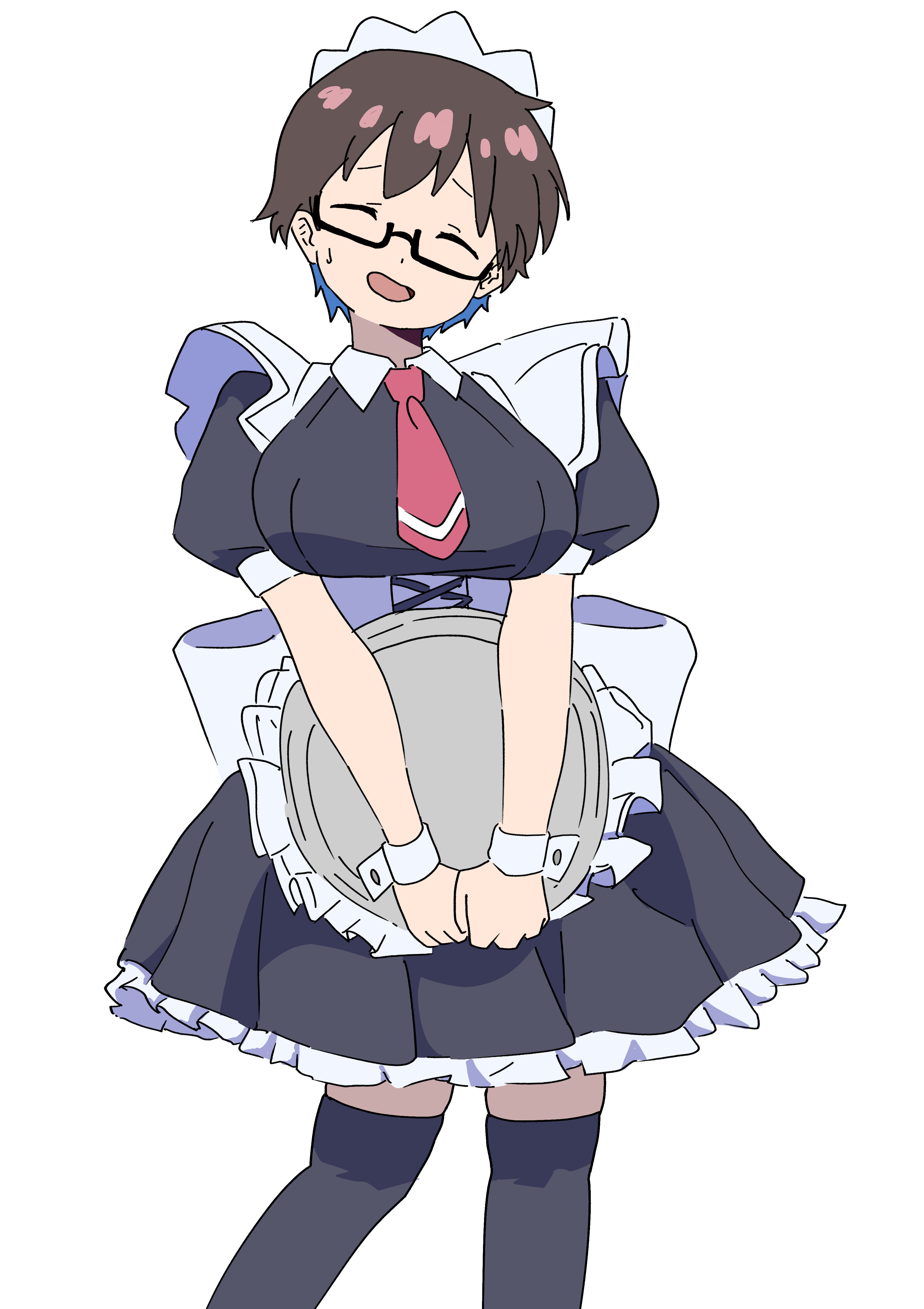 imari youko, ruri no houseki, tie, 2020s, 2025, apron, blue hair, breasts, brown hair, embarrassed, glasses, large breasts, leggings, lorimas, maid, maid apron, maid cafe, maid headdress, metal plate, multicolored hair, nervous, nervous smile, nervous sweating, pantyhose, plate, short hair, smile, sweat, sweatdrop, white background