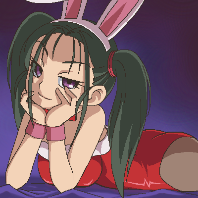 awa, bouquet (blue dragon), blue dragon, lowres, 00s, animal ears, fake animal ears, green hair, jaggy lines, leotard, oekaki, pantyhose, playboy bunny, purple eyes, rabbit ears, solo, twintails