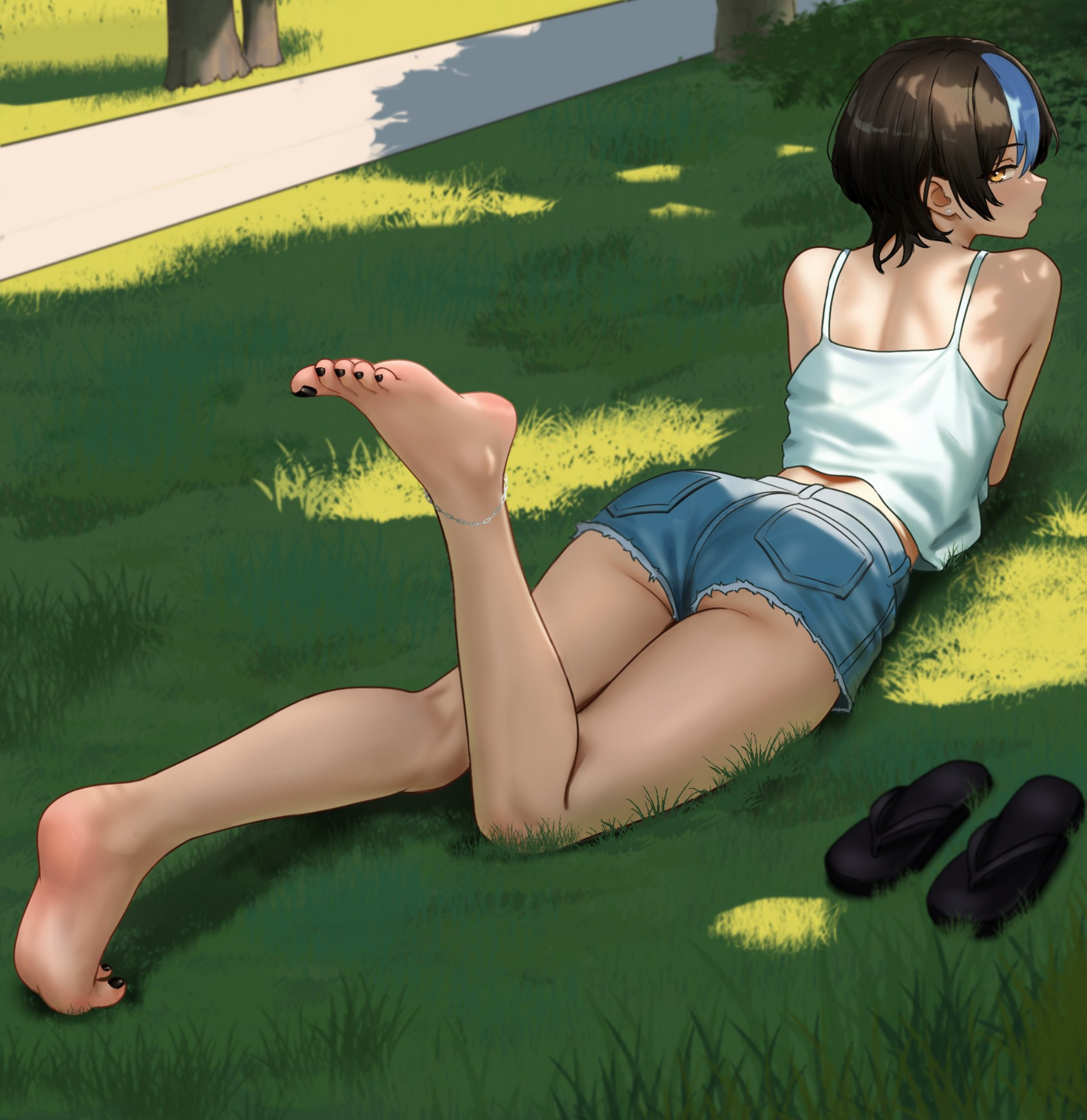 nihu, original, highres, 1girl, barefoot, black hair, camisole, feet, flip-flops, grass, looking at viewer, looking back, lying, medium hair, multicolored hair, on stomach, sandals, shoes, short shorts, shorts, soles, streaked hair, toes, unworn shoes, yellow eyes