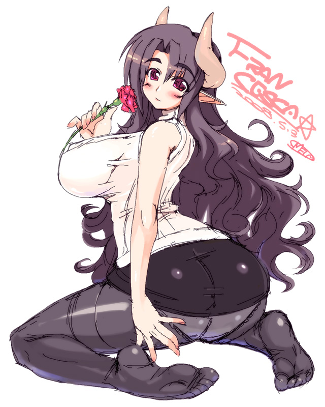 mel/a, akatsuki francesca, original, ass, black hair, breasts, demon, feet, flower, horns, huge breasts, long hair, mature female, miniskirt, panties, pantyhose, pointy ears, red eyes, sketch, skirt, underwear