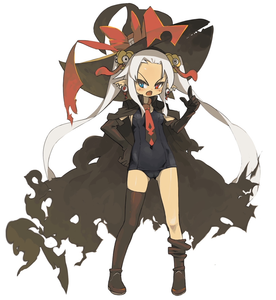 itsukia, bad id, bad pixiv id, black one-piece swimsuit, elbow gloves, gloves, hat, heterochromia, one-piece swimsuit, school swimsuit, solo, swimsuit, thighhighs, twintails, white hair