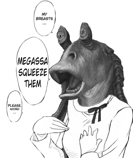 jar-jar binks, tsuruya, suzumiya haruhi no yuuutsu, photoshop, monochrome, parody
