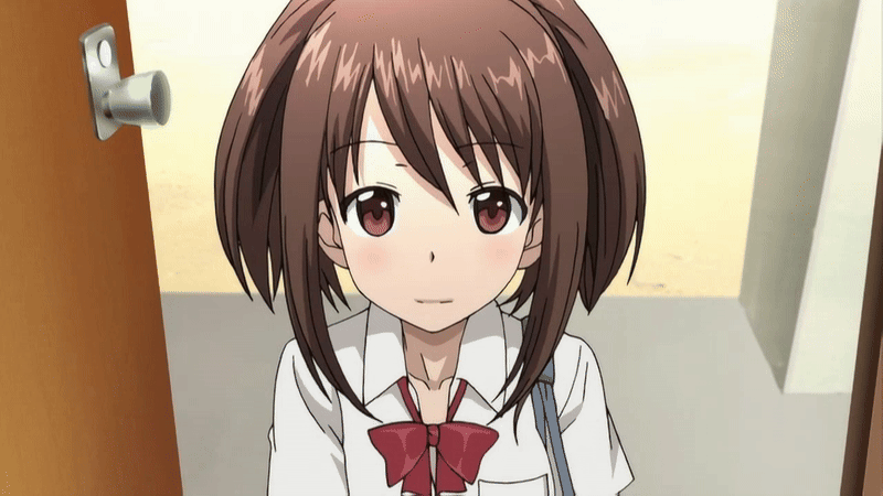 koiito kinenbi the animation, animated, animated gif, tagme, 10s, 2013, anna okunaga, bow, bowtie, brown eyes, brown hair, door, school uniform, shirt, short hair, smile, white shirt