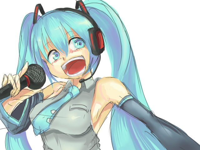 aryus, hatsune miku, vocaloid, bad id, bad pixiv id, :d, microphone, open mouth, smile, solo, twintails