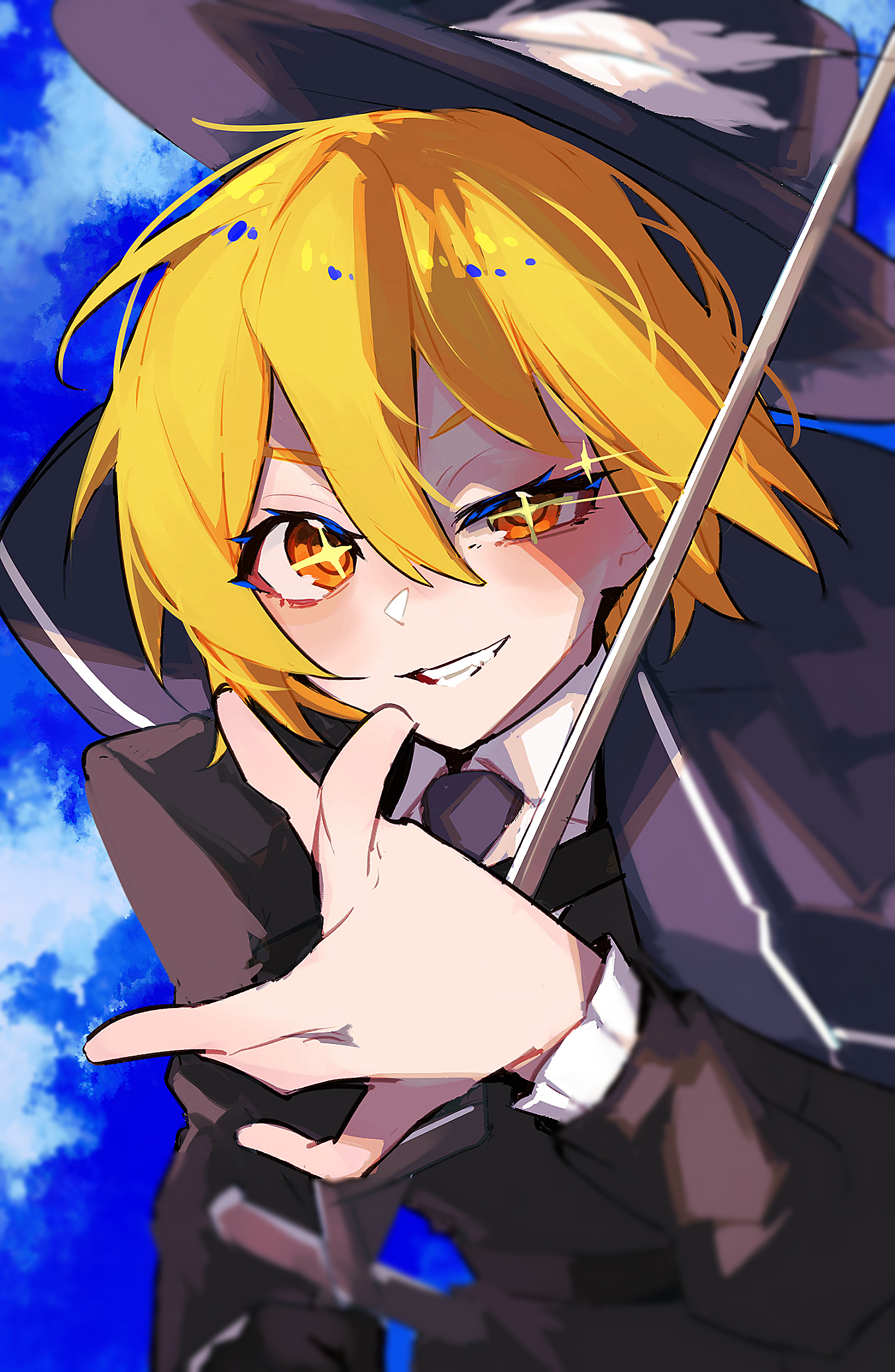 nakame77, don quixote (project moon), limbus company, project moon, highres, + +, 1girl, black jacket, blonde hair, blue background, blue cape, blue hat, blue necktie, blue sky, cape, cavalier hat, cinq association south uniform, collared shirt, hat, hat feather, jacket, looking at viewer, musketeer, necktie, plume, rapier, shirt, short hair, simple background, sky, smile, solo, sparkling eyes, sword, upper body, weapon, white shirt, yellow eyes