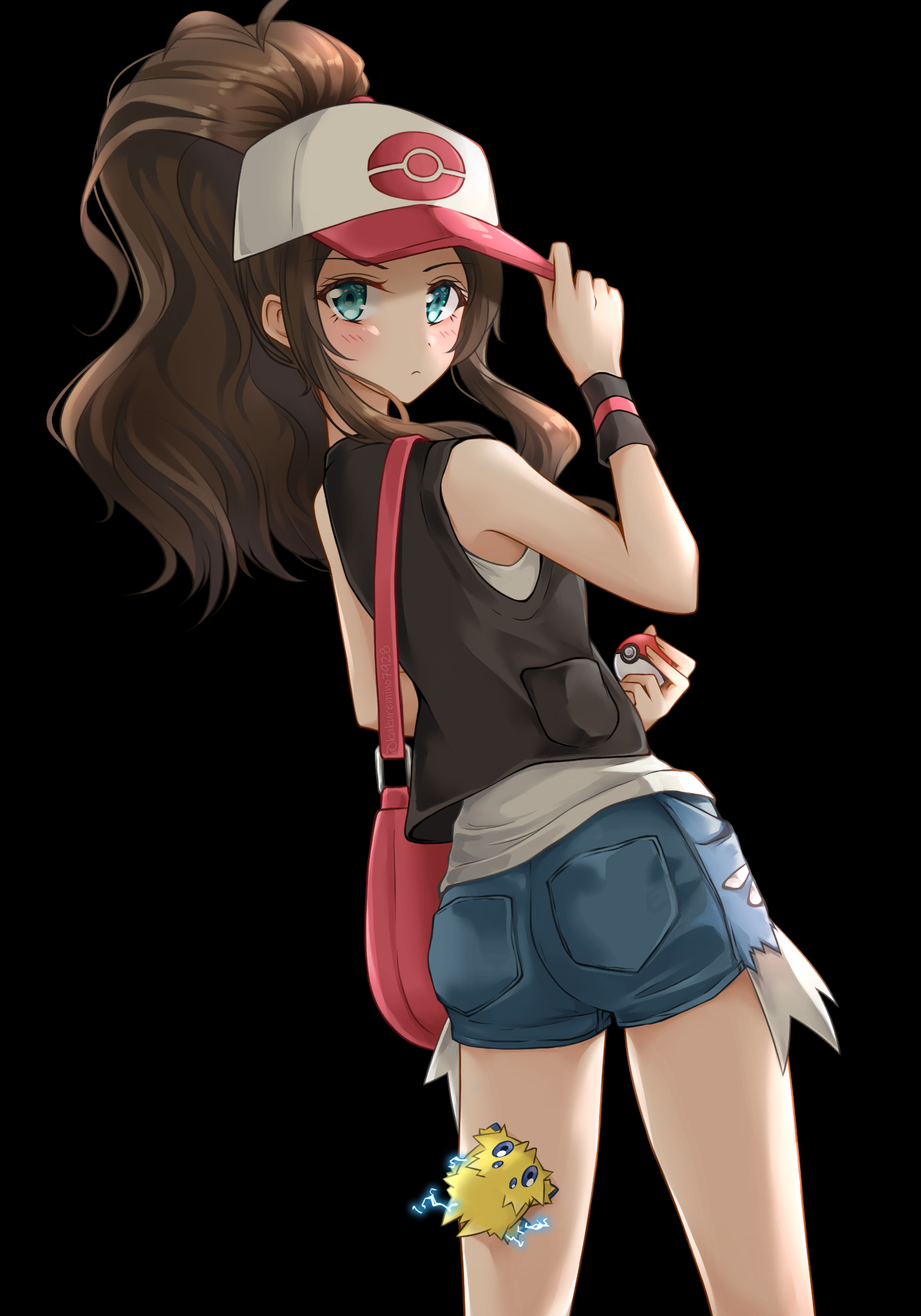 kakuremino7928, hilda (pokemon), joltik, nintendo, pokemon, pokemon bw, commentary request, highres, 1girl, adjusting clothes, adjusting headwear, ass, bag, baseball cap, black background, black vest, blue eyes, blue shorts, blush, brown hair, denim, denim shorts, electricity, gen 5 pokemon, handbag, hat, high ponytail, holding, holding poke ball, looking at viewer, looking back, poke ball, poke ball (basic), poke ball print, pokemon (creature), pokemon on leg, ponytail, print hat, short shorts, shorts, sidelocks, simple background, tank top, thighs, vest, white tank top, wide ponytail, wristband