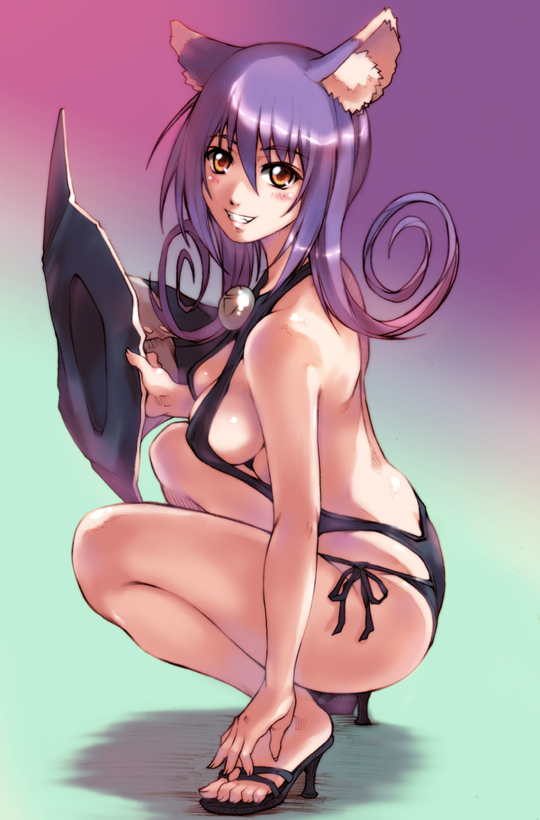 hisahiko, blair (soul eater), soul eater, 00s, 1girl, animal ears, bare back, breasts, butt crack, cat ears, cleavage, feet, female focus, fingernails, gradient background, hat, high heels, holding, holding unworn clothes, holding unworn hat, long hair, open shoes, purple hair, shoes, side-tie swimsuit, sideboob, slingshot swimsuit, smile, solo, squatting, swimsuit, toenails, unworn hat, unworn headwear, witch hat, yellow eyes