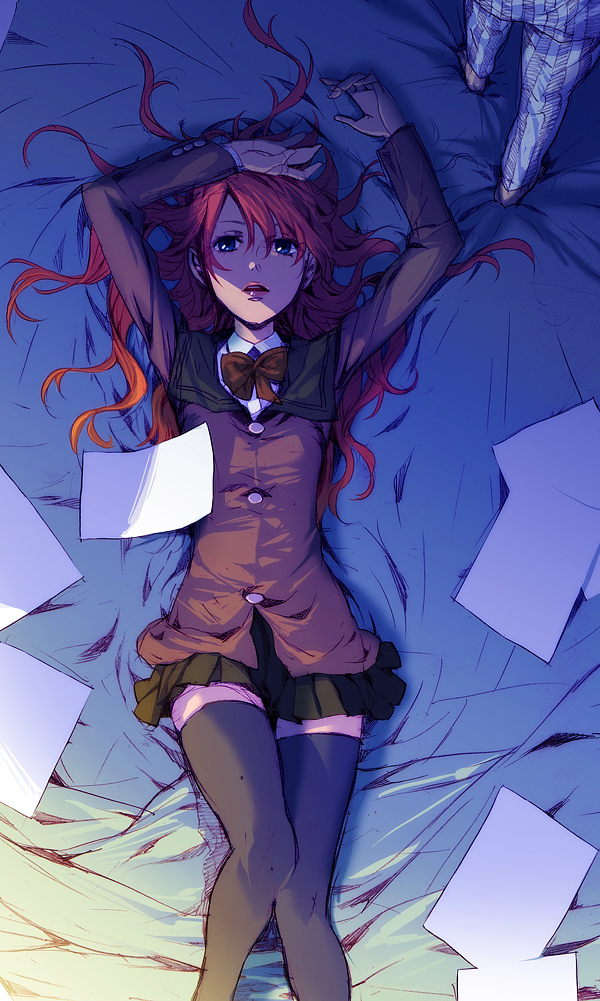 mayumio, original, bad id, bad pixiv id, 1girl, bed, lying, on back, pajamas, paper, red hair, school uniform, serafuku, solo focus, thighhighs, zettai ryouiki