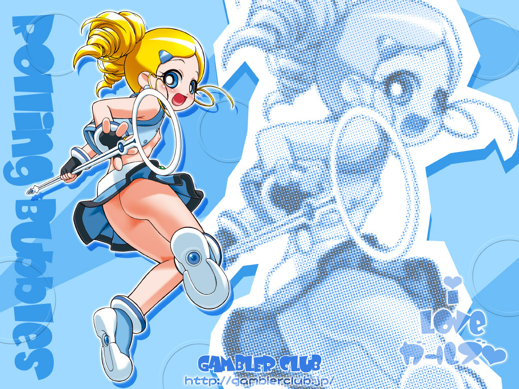 gambler club, goutokuji miyako, rolling bubbles, powerpuff girls, powerpuff girls z, 00s, 1girl, ass, blonde hair, blue eyes, drill hair, female focus, fingerless gloves, flat chest, gloves, hair ornament, hairclip, looking back, nipples, no bra, no panties, open mouth, skirt, solo, staff, twintails, upskirt, zoom layer