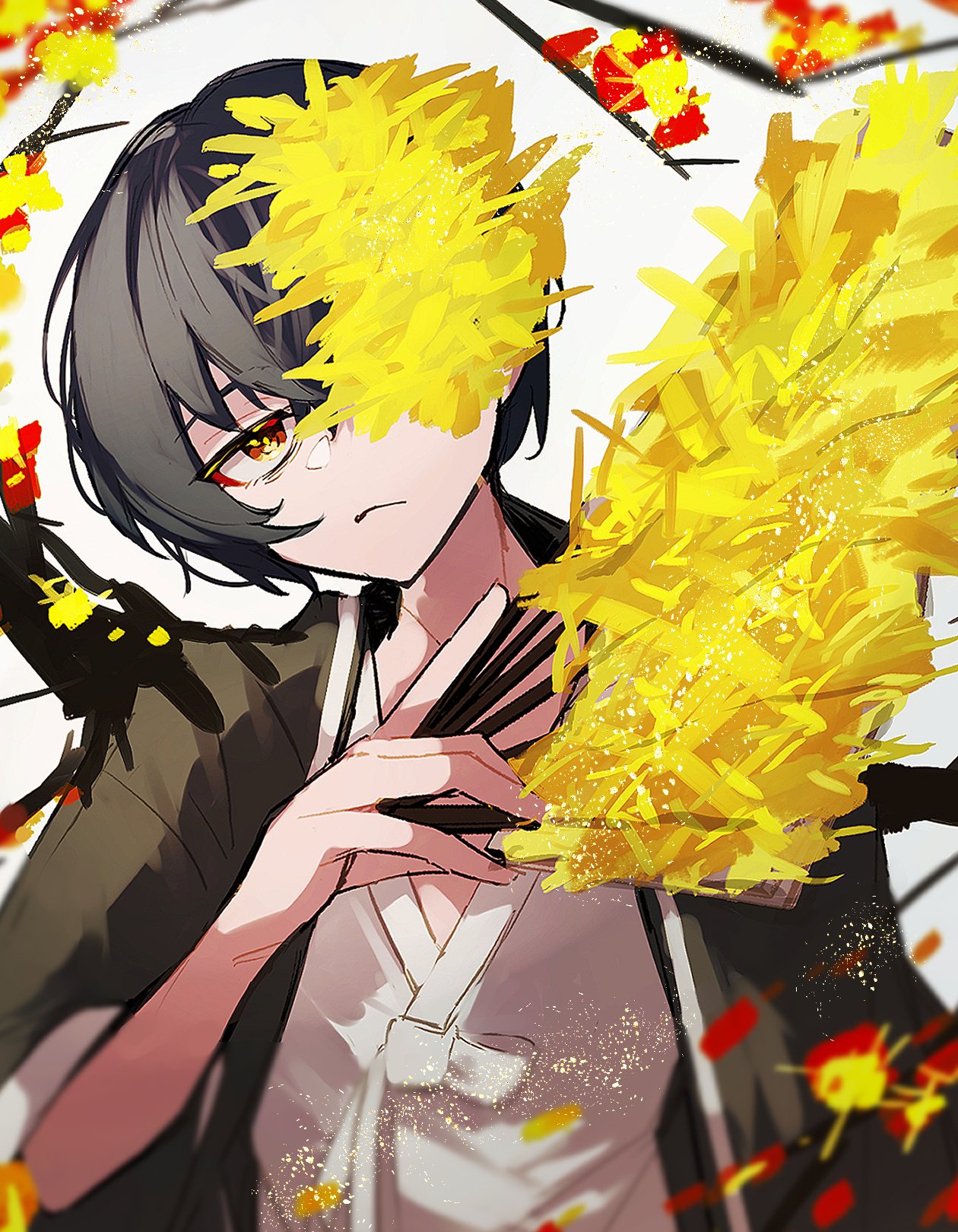 nakame77, yi sang (project moon), limbus company, project moon, highres, 1boy, black hair, branch, closed mouth, coat, e.g.o (project moon), flower, flower over eye, grey coat, hanbok, korean clothes, long sleeves, looking at viewer, male focus, plant wings, short hair, simple background, solo, spicebush (e.g.o), technology liberation alliance (identity) (project moon), upper body, white background, white hanbok, wings, yellow eyes, yellow flower