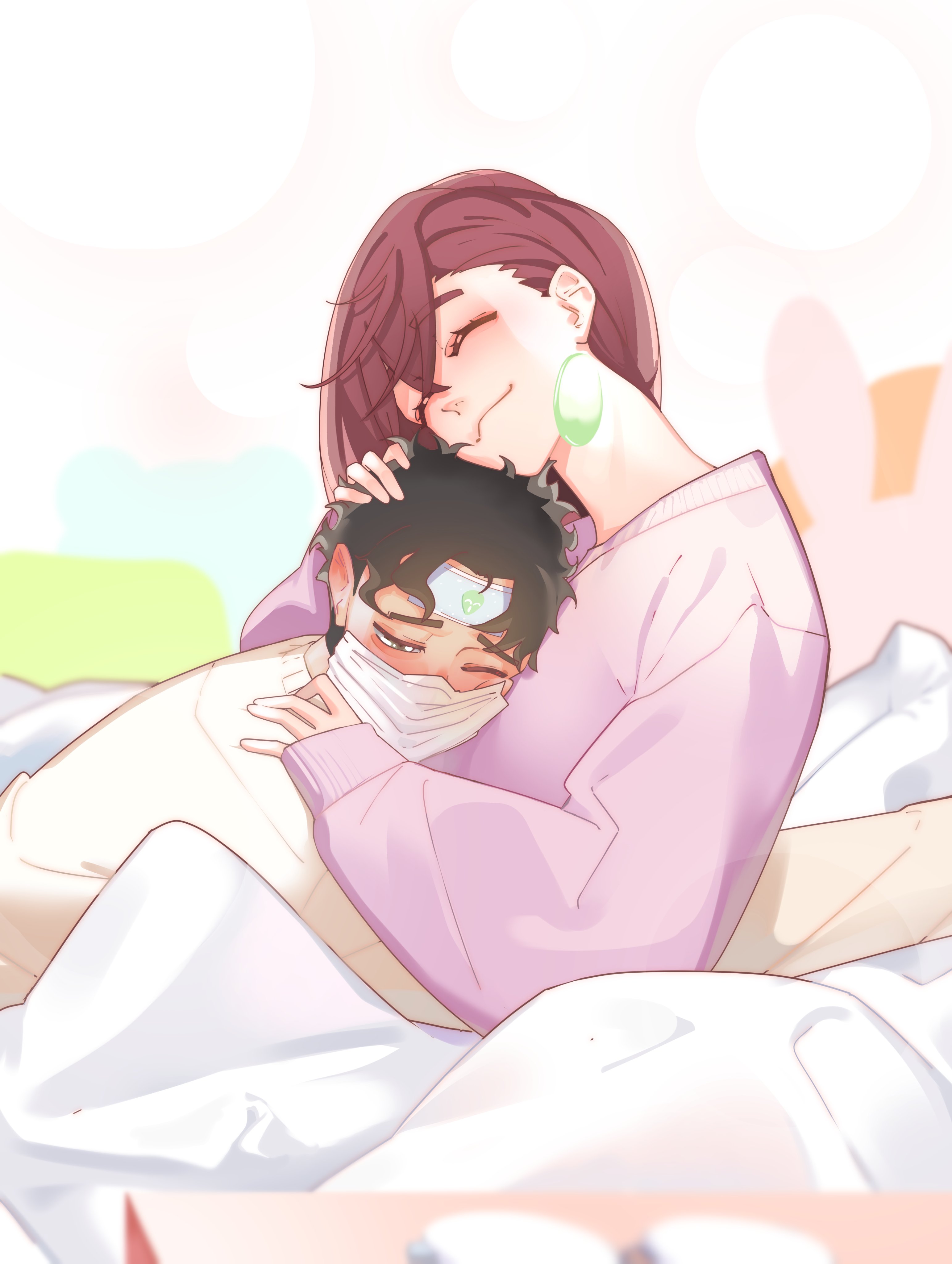yuqi non, ayase momo, takakura ken (dandadan), dandadan, absurdres, commentary request, highres, 1boy, 1girl, bed sheet, black hair, blush, brown hair, closed eyes, closed mouth, couple, crossed bangs, cuddling, ear blush, earrings, from side, hair behind ear, hand on another's head, heads together, hug, jewelry, long sleeves, lying, mask, mouth mask, on stomach, one eye closed, pillow, pink shirt, shirt, short hair, sick, sitting, smile, upper body, white shirt