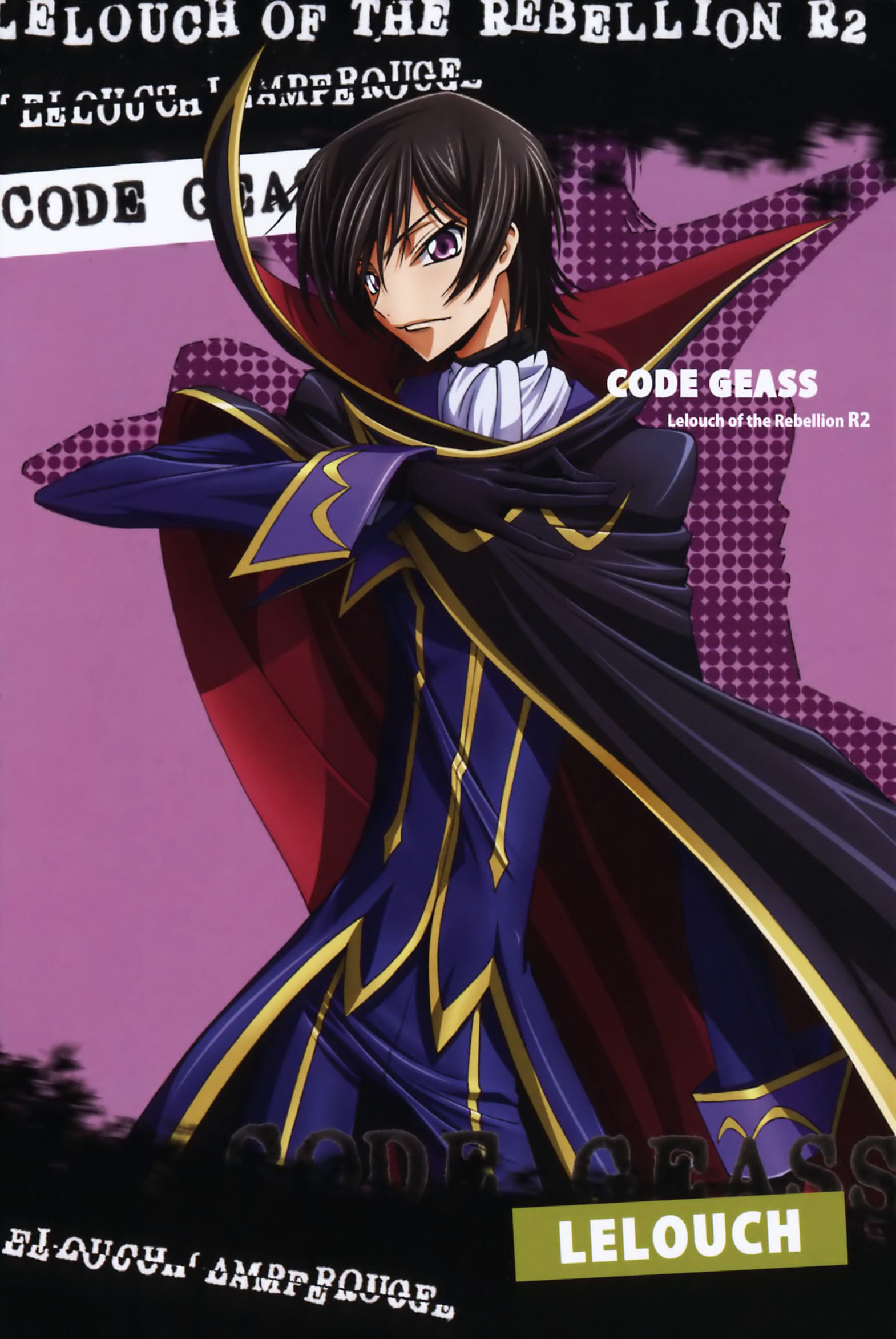 lelouch vi britannia, code geass, highres, 00s, 1boy, black gloves, black hair, cape, collar, contrapposto, cowboy shot, gloves, long sleeves, looking at viewer, male focus, military, military uniform, purple eyes, skinny, slender, solo, standing