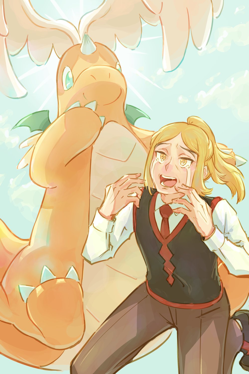 ffccll, dragonite, hassel (pokemon), mega dragonite, nintendo, pokemon, pokemon sv, highres, 1boy, black vest, blonde hair, collared shirt, crying, gen 1 pokemon, long hair, long sleeves, looking up, male focus, necktie, open mouth, pants, parted bangs, pokemon (creature), ponytail, red necktie, shirt, shoes, streaming tears, tears, teeth, tongue, vest, white shirt, yellow eyes