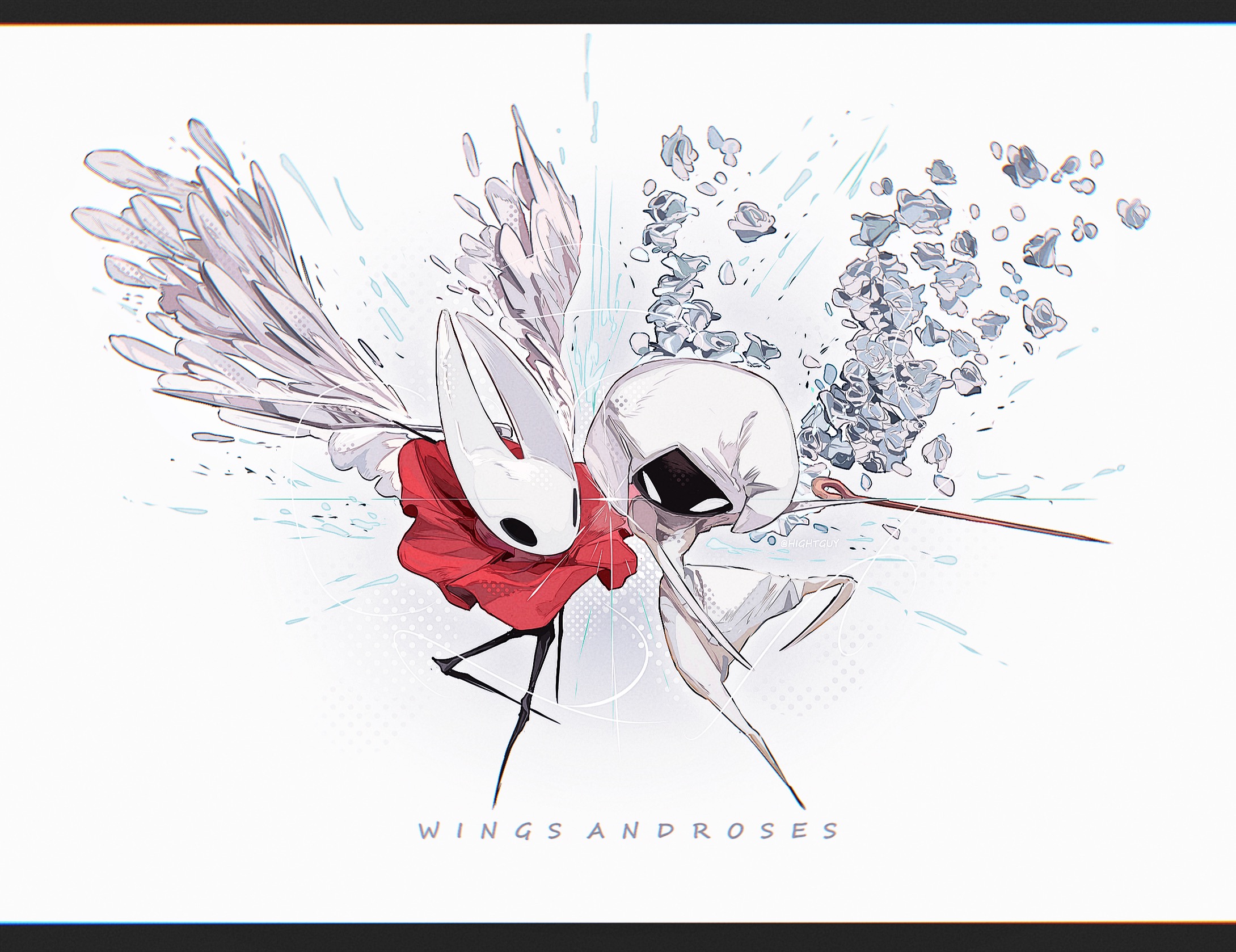 hightguy, hornet (hollow knight), lace (hollow knight), hollow knight, hollow knight: silksong, chinese commentary, commentary request, highres, 2girls, chromatic aberration, dress, eye contact, feathered wings, film grain, flower, full body, gloved sleeves, halftone, halftone background, hat, holding, holding needle, hollow eyes, horns, juliet sleeves, letterboxed, long sleeves, looking at another, multiple girls, needle, puffy sleeves, red shirt, rose, shirt, side-by-side, simple background, sparkle, standing, standing on one leg, white background, white dress, white flower, white hat, white petals, white rose, white wings, wings