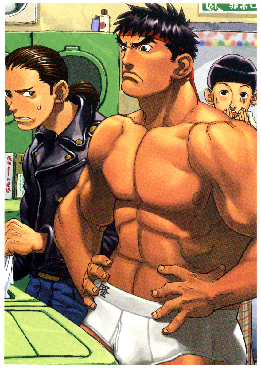 ikeno daigo, ryu (street fighter), capcom, street fighter, highres, 3boys, abs, briefs, male focus, male underwear, multiple boys, muscular, topless male, underwear, white briefs