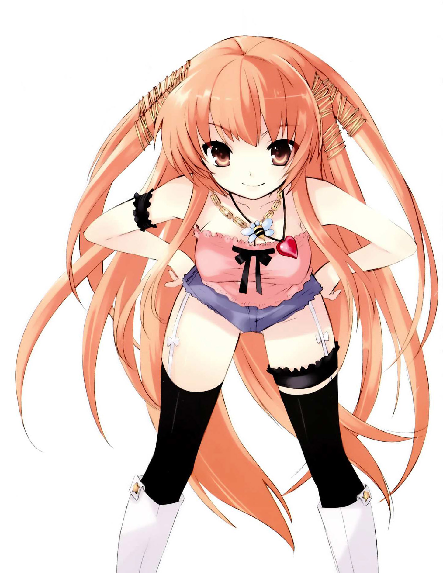 ito noizi, hachie, bee-be-beat it!, highres, 1girl, bare shoulders, brown eyes, female focus, garter belt, long hair, looking at viewer, red hair, simple background, solo, standing, thighhighs, white background