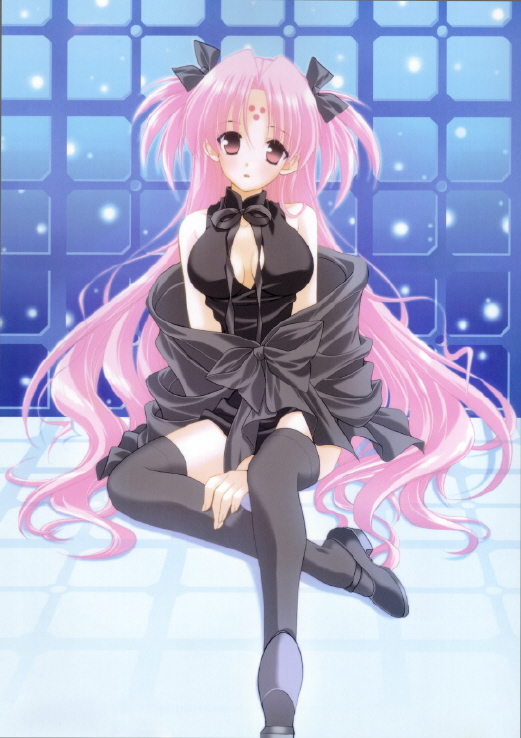 mario kaneda, miharu sena kanaka, girls bravo, breasts, cleavage, cleavage cutout, dress, long hair, mary janes, pink eyes, pink hair, thighhighs