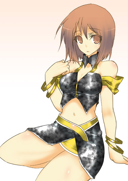 hagiwara yukiho, idolmaster, idolmaster (classic), idolmaster 1, bad id, bad pixiv id, 00s, 1girl, bare shoulders, brown eyes, brown hair, cool & sexy (idolmaster), female focus, halterneck, midriff, short hair, skirt, solo