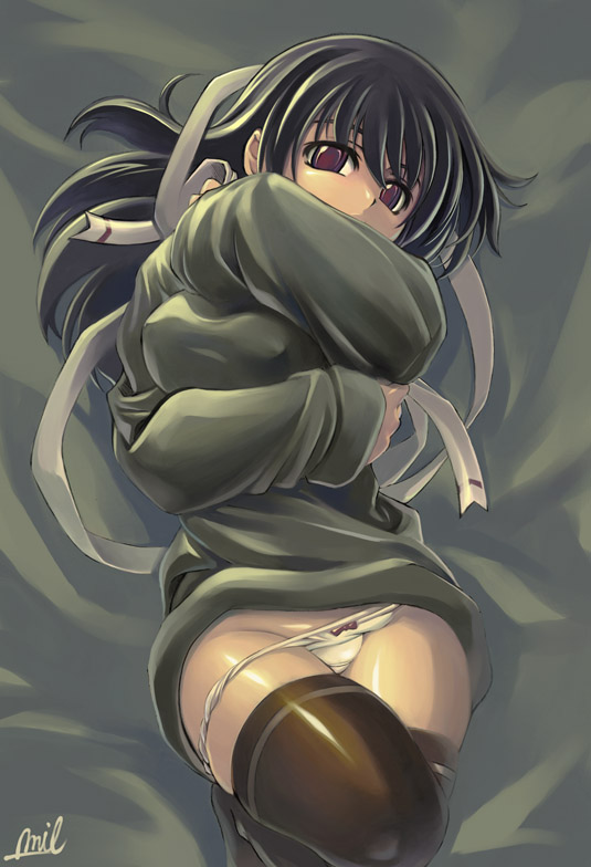 mil (xration), 1girl, breasts, brown eyes, covered erect nipples, female focus, green hair, large breasts, lying, on back, panties, solo, sweater, thighhighs, underwear