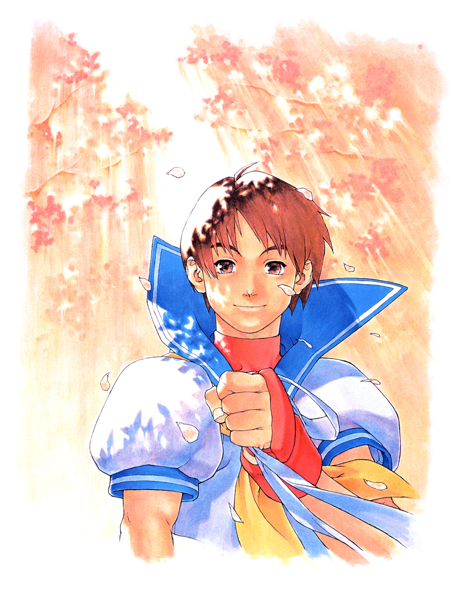 edaki shin'ya, kasugano sakura, capcom, street fighter, highres, official art, 1girl, ahoge, blue sailor collar, brown eyes, brown hair, cherry blossoms, clenched hand, female focus, fingerless gloves, gloves, holding, looking at viewer, necktie, outdoors, petals, ribbon, sailor collar, school uniform, serafuku, shirt, short hair, smile, solo, turtleneck, upper body, wind, wind lift