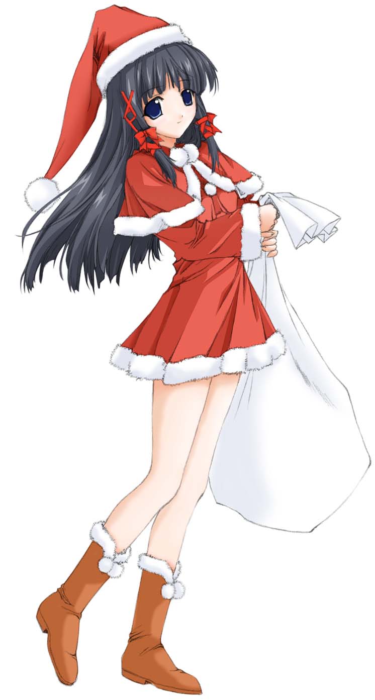 xp-tan, os-tan, highres, 1girl, black hair, christmas, female focus, long hair, sack, santa costume, solo