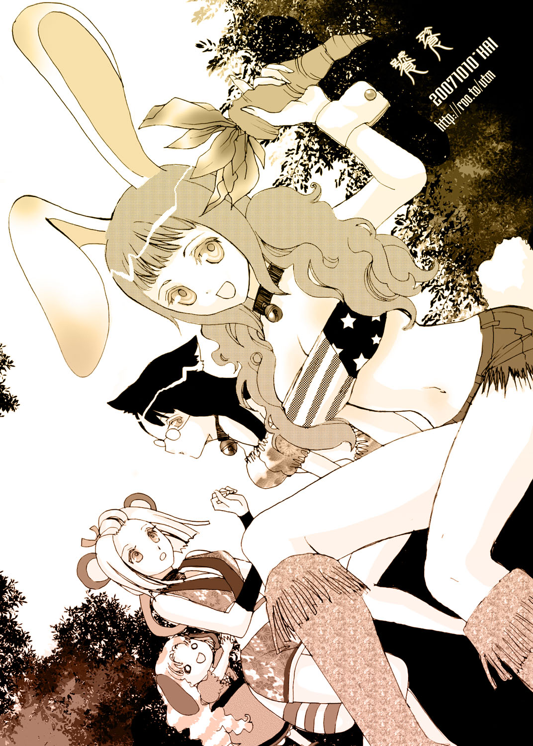 kai (pixiv93444), bad id, bad pixiv id, highres, 4girls, american flag, american flag bikini, american flag print, animal ears, bandeau, bell, bikini, carrot, collar, flag print, flag print bikini, glasses, halftone, midriff, monochrome, multiple girls, neck bell, pink theme, print bikini, rabbit ears, rabbit tail, short shorts, shorts, strapless, swimsuit, tail, tube top, unmoving pattern, wrist cuffs, yellow theme