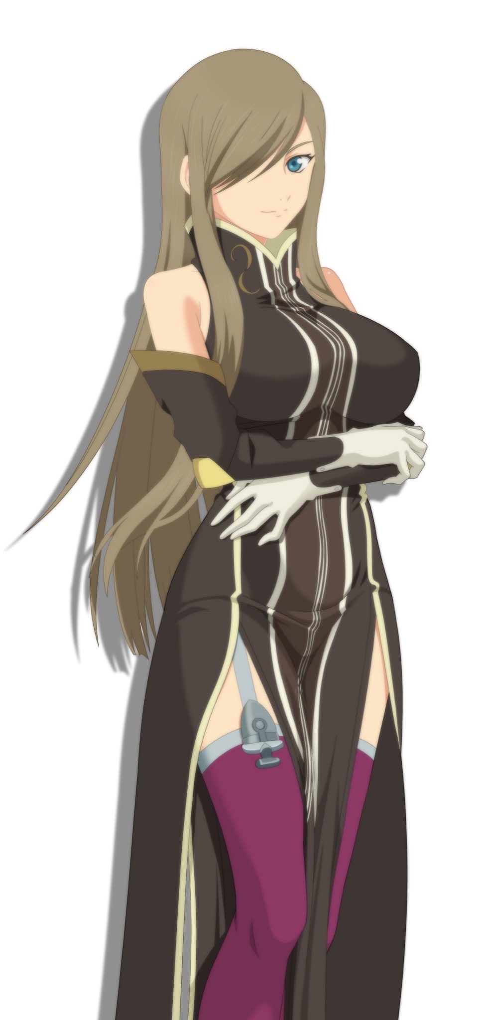 huzihitode, tear grants, tales of (series), tales of the abyss, commentary request, highres, 1girl, bare shoulders, blue eyes, breasts, brown dress, brown hair, brown sleeves, closed mouth, crossed arms, detached sleeves, dress, feet out of frame, garter straps, gloves, hair over one eye, high collar, knife, large breasts, long hair, looking at viewer, purple thighhighs, sidelocks, sleeveless, sleeveless dress, smile, solo, straight hair, thighhighs, white background, white gloves