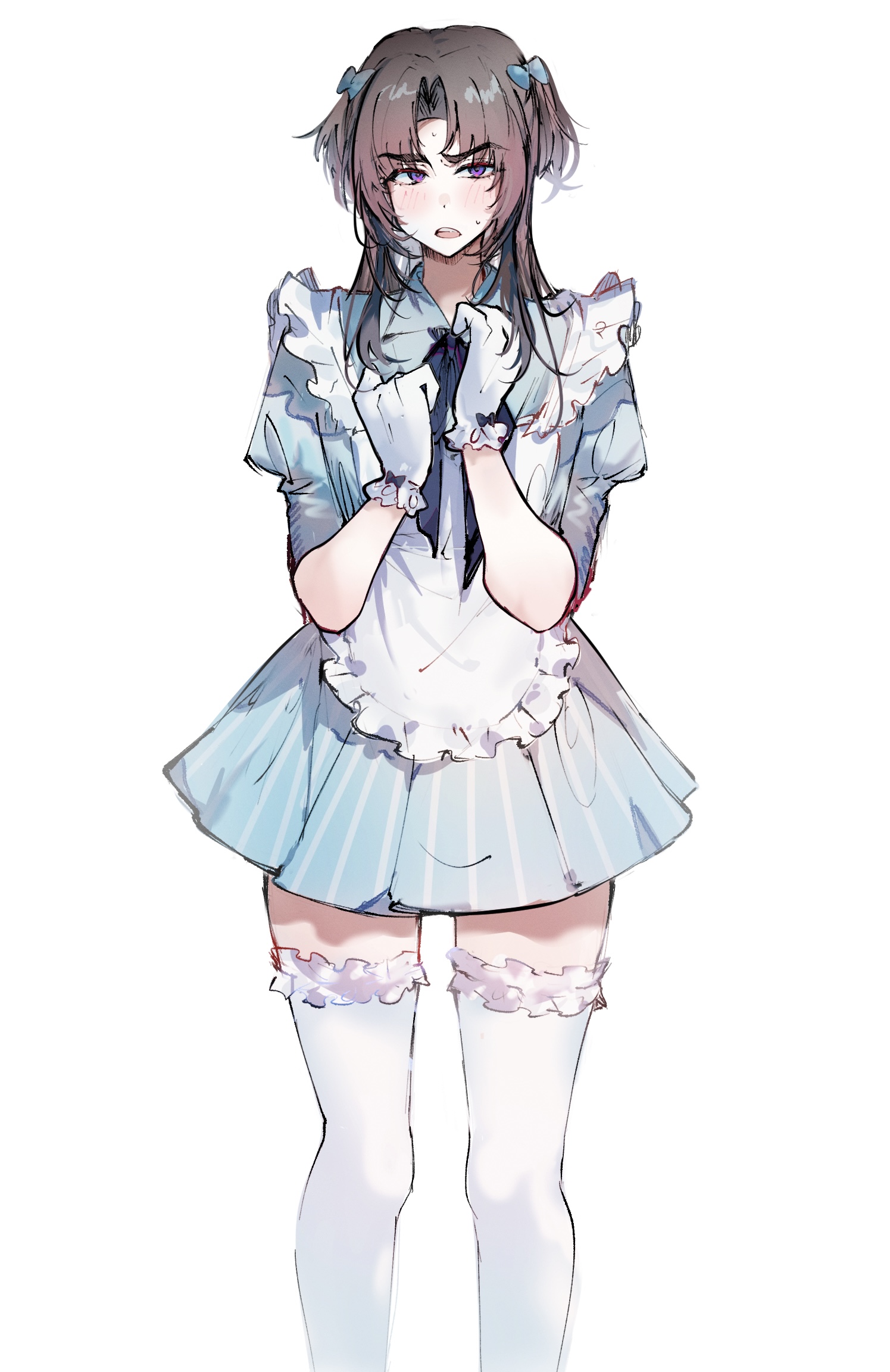 imamiya pinoko, original, highres, 1boy, ayase ayato (imamiya pinoko), black hair, brown hair, crossdressing, crossdressing (mtf), gloves, long hair, purple eyes, thick eyebrows, thighhighs, trap, two side up, white background, white gloves, white thighhighs
