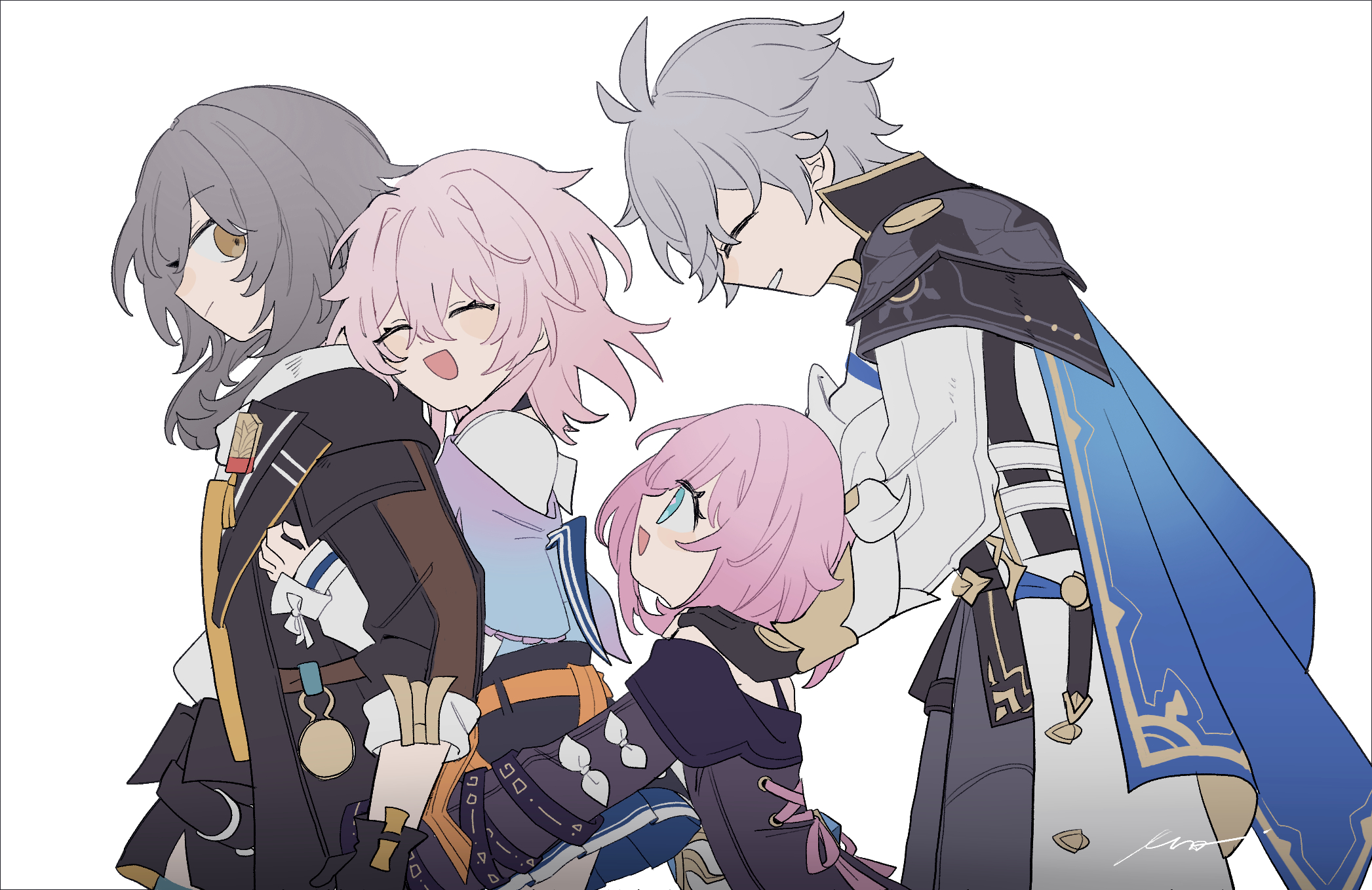 cyrene (honkai: star rail), march 7th (honkai: star rail), march 7th (preservation) (honkai: star rail), phainon (honkai: star rail), stelle (honkai: star rail), trailblazer (honkai: star rail), honkai: star rail, honkai (series), hashtag-only commentary, highres, 1boy, 3girls, ahoge, black coat, black gloves, blue cape, blue skirt, cape, coat, flnb3ue6qo83174, gloves, grey hair, medium hair, multiple girls, pink hair, purple coat, short hair, simple background, skirt, smile, white background, white coat, white hair, yellow eyes