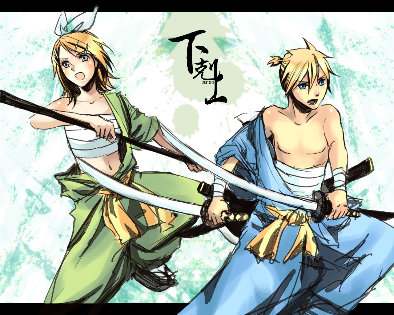 kai (pixiv93444), kagamine len, kagamine rin, gekokujou (vocaloid), vocaloid, bad id, bad pixiv id, 1boy, 1girl, blonde hair, blue eyes, brother and sister, gekokujou, holding, holding sword, holding weapon, japanese clothes, katana, letterboxed, off shoulder, outside border, ponytail, sarashi, scabbard, sheath, short hair, siblings, song name, sword, twins, weapon