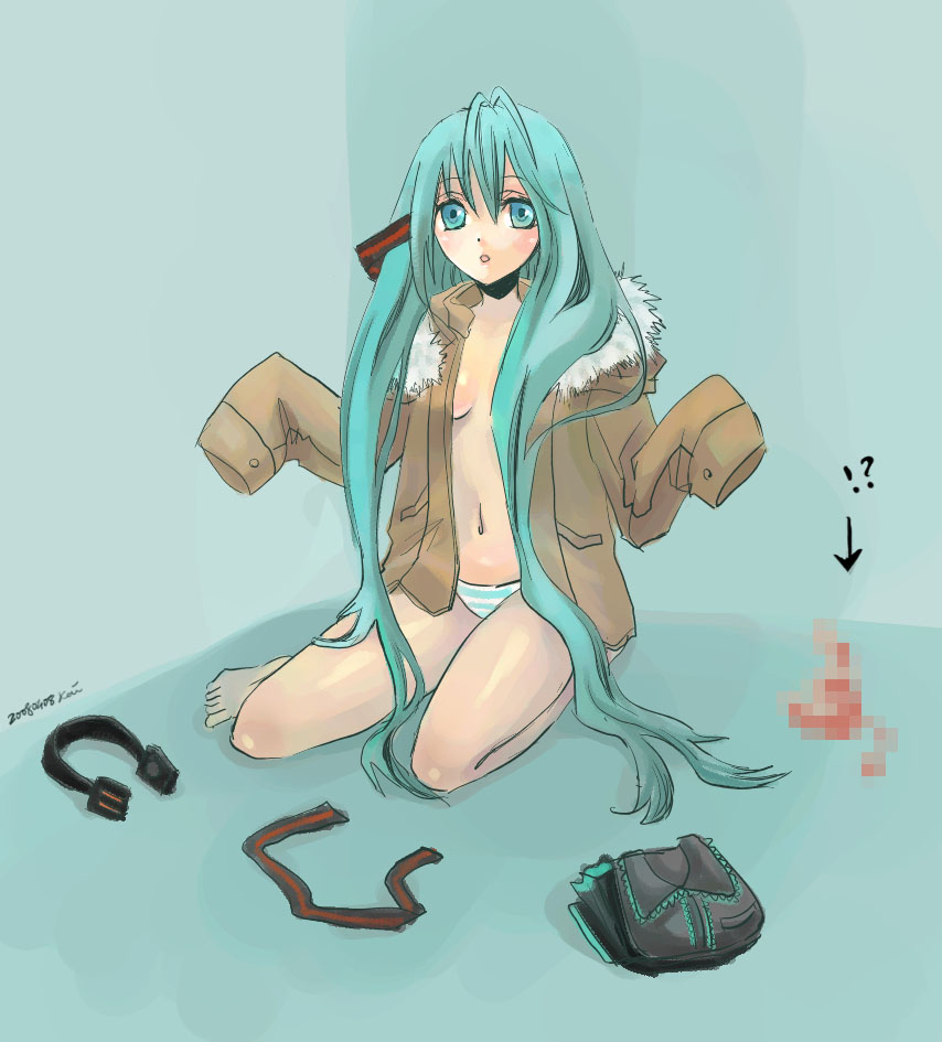 kai (pixiv93444), hatsune miku, vocaloid, bad id, bad pixiv id, antenna hair, aqua eyes, aqua hair, censored, hair between eyes, hair down, long hair, mosaic censoring, open clothes, open shirt, oversized clothes, panties, petite, shirt, sitting, solo, striped clothes, striped panties, underwear, very long hair