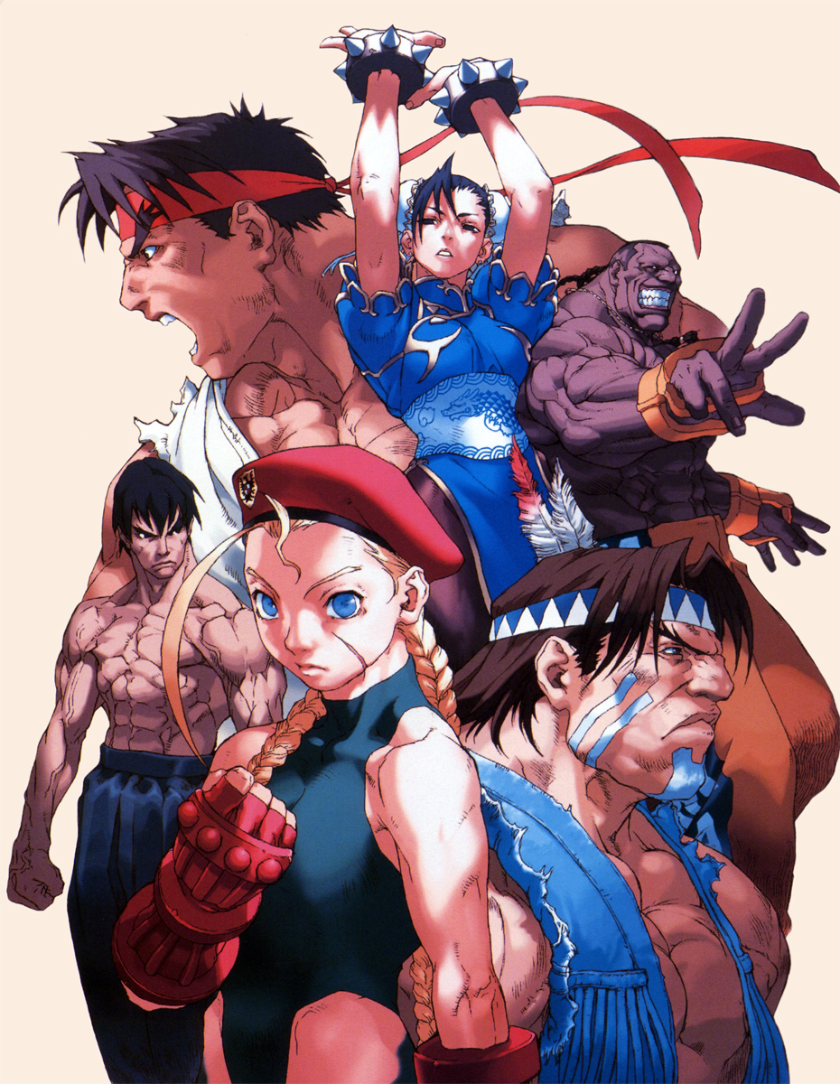 edaki shin'ya, cammy white, chun-li, dee jay, fei long, ryu (street fighter), thunder hawk, capcom, street fighter, street fighter ii (series), highres, 1990s (style), 2girls, 4boys, abs, ahoge, antenna hair, arms up, beret, black hair, blonde hair, blue eyes, bracelet, braid, bun cover, china dress, chinese clothes, clenched hand, double bun, dress, everyone, facepaint, feathers, fingerless gloves, food, gloves, grin, hair bun, hat, headband, jewelry, leotard, long hair, mexico, multiple boys, multiple girls, muscular, native american, necklace, noodles, open mouth, pantyhose, retro artstyle, scar, smile, spiked bracelet, spikes, topless male, twin braids, udon, very long hair
